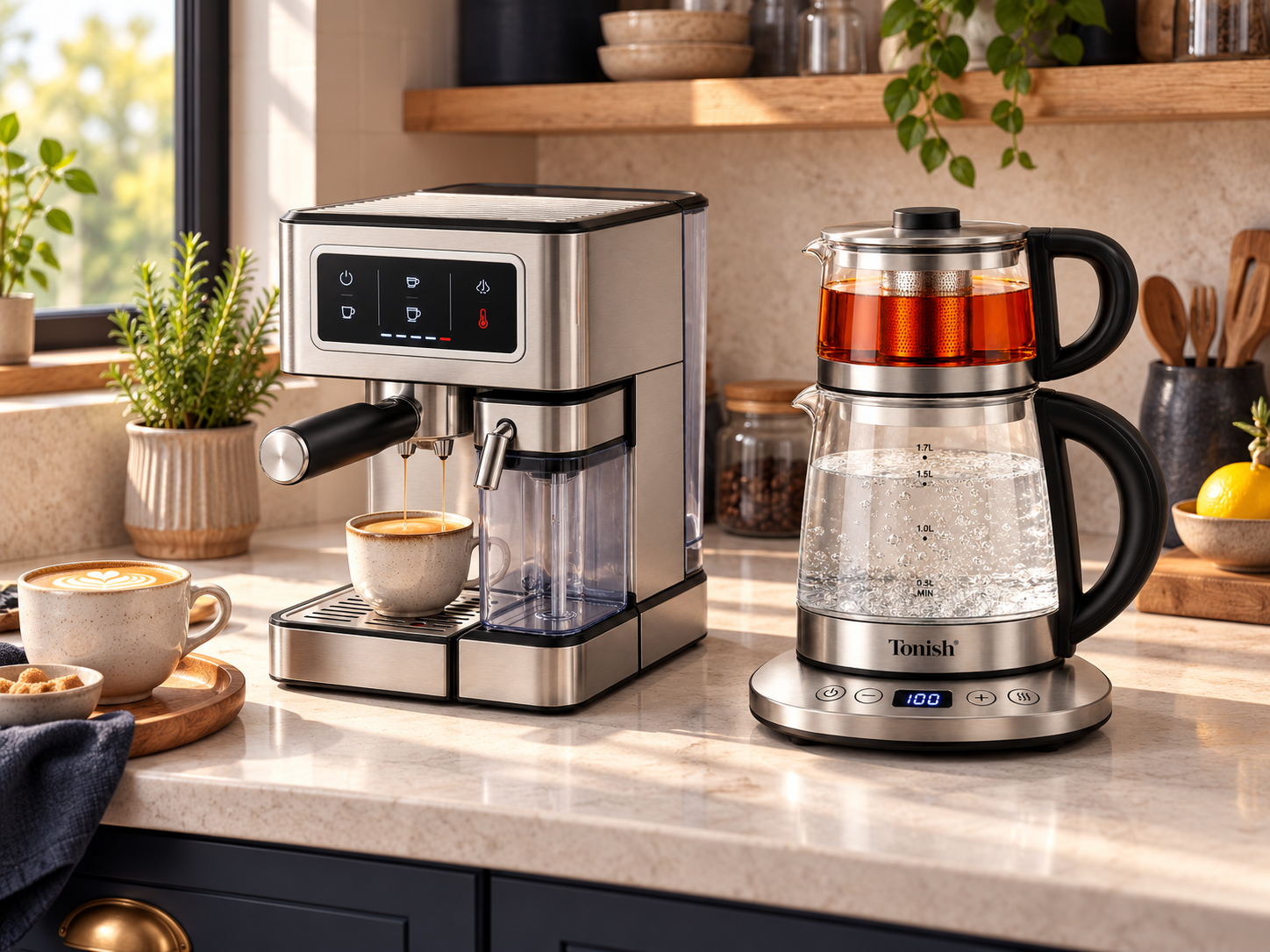 TONISH espresso machine and tea maker in a contemporary kitchen