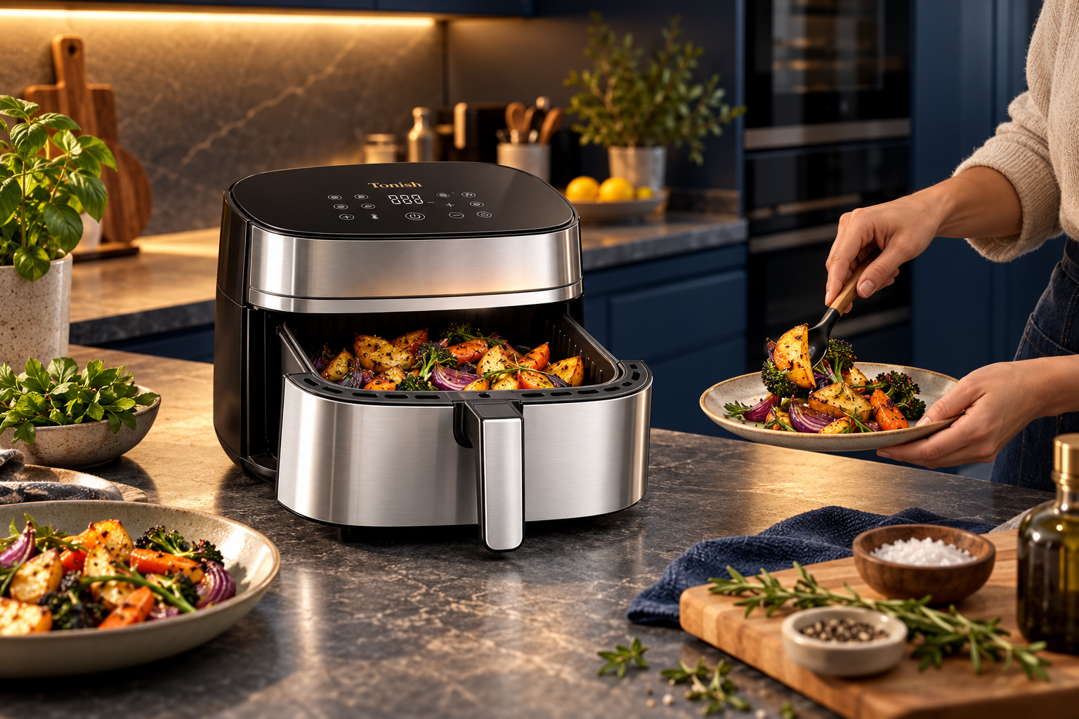 TONISH air fryer in use in a luxury kitchen