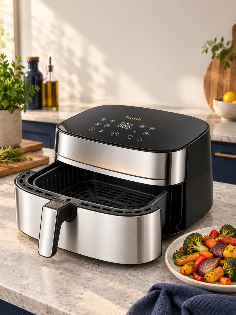 TONISH air fryer beside a meal in a home kitchen