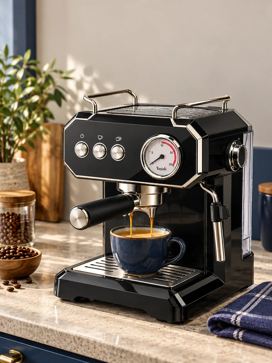 TONISH espresso machine preparing coffee