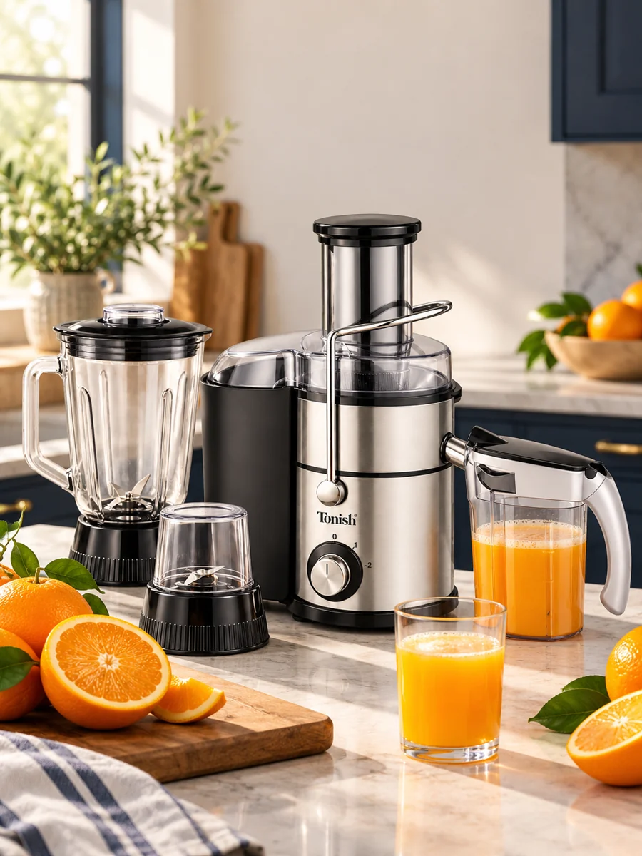 TONISH juicer with freshly prepared orange juice
