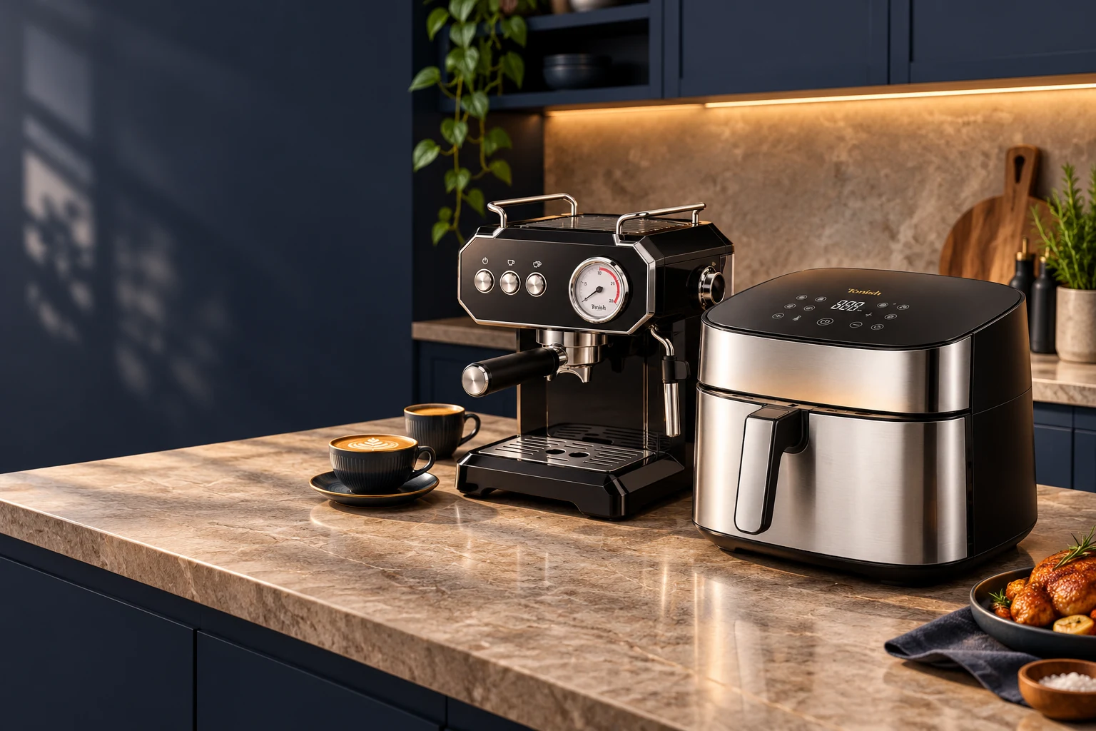 TONISH air fryer and espresso machine in a contemporary kitchen